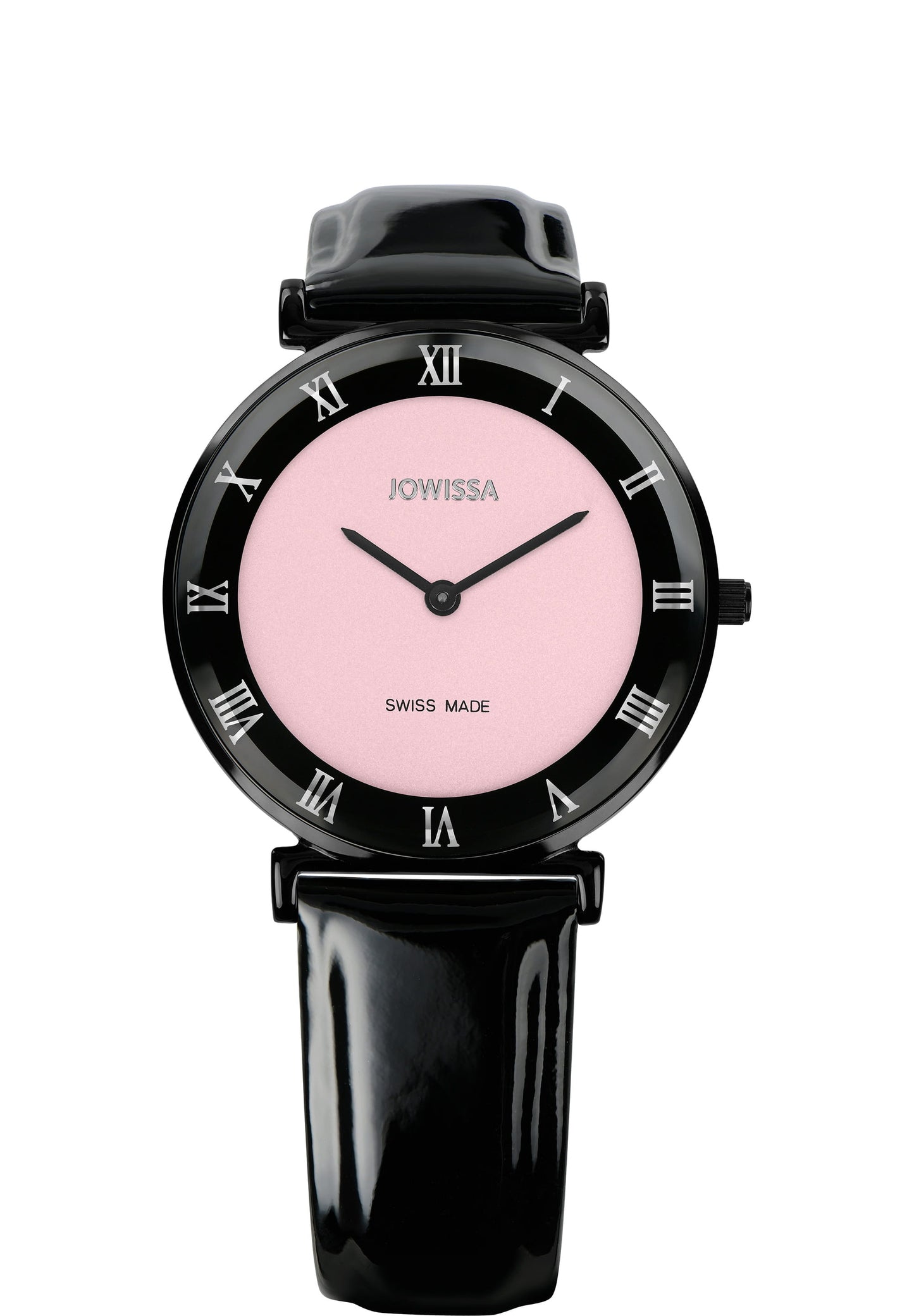 Black watch with pink background - with black leather strape - made in switzerland - watch made for women