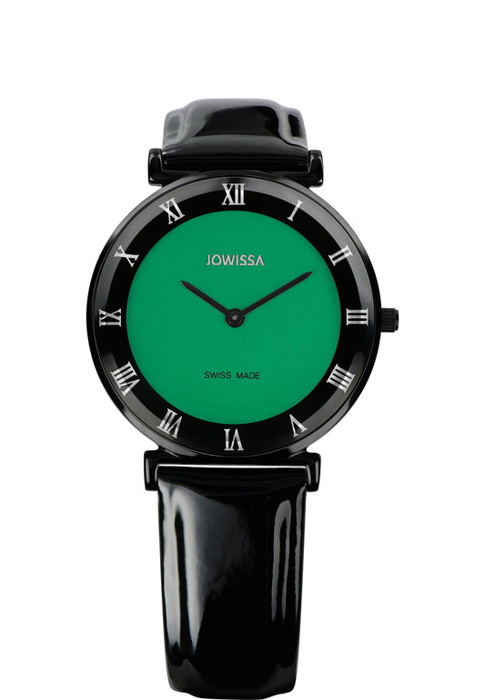 Swiss watch made for women - black watch with green dial and black leather strap made in switzerland and roman numbers