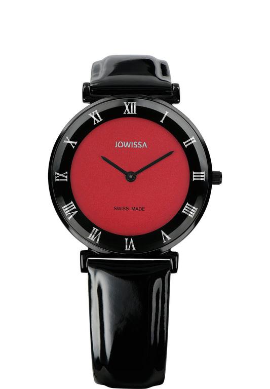 black watch with red background - swiss made watch with roman number and black leather strap