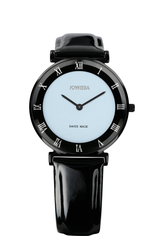 Black swiss watch from the Roma collection.  Silver Roman numerals and sleek black hour hands. Black leather strap completes the stylish design, making it a Swiss-made timepiece perfect for any occasion.