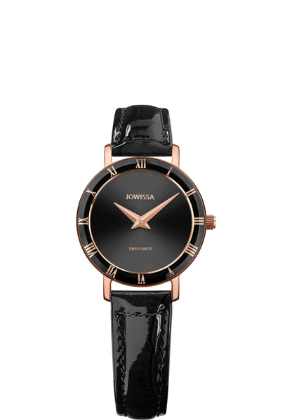 Chic black women's watch. The Roma model has an elegant 26mm case paired with a black bezel adorned with rose-gold Roman numerals, offering a sophisticated contrast. The glossy black genuine leather strap, embossed with an alligator texture, adds a modern edge to your wrist while maintaining a sleek, timeless appeal. All made in Swiss