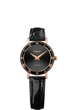 Load image into Gallery viewer, Chic black women&#39;s watch. The Roma model has an elegant 26mm case paired with a black bezel adorned with rose-gold Roman numerals, offering a sophisticated contrast. The glossy black genuine leather strap, embossed with an alligator texture, adds a modern edge to your wrist while maintaining a sleek, timeless appeal. All made in Swiss
