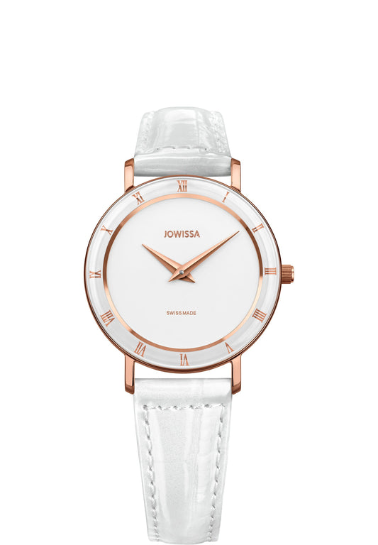 Womens swiss watch designed for all seasons. With precision craftsmanship, it features a minimalist white dial paired with refined rose-gold hour hands and Roman numerals elegantly placed on the polished bezel.