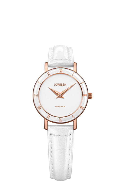 Ladies white swiss watch for all seasons. Swiss made, it has a minimalist white dial with rose-gold hour hands and Roman numerals on the polished bezel. The 26mm case is elegantly attached to a glossy white real leather strap that feels super-comfortable on your wrist