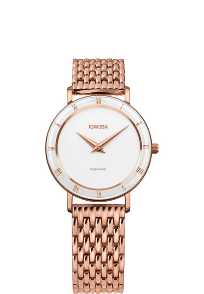 Front view of the classic white and gold womens watch. It has a clean and modern white dial with rose-golden Roman numerals highlighting each hour within a minimalist 30mm case. Fitted with a gleaming gold-plated bracelet, this Swiss-made timepiece shines like a gorgeous piece of jewellery on your wrist