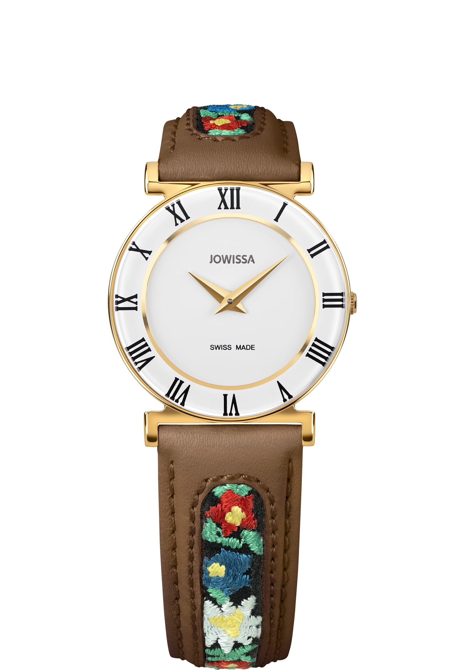 J2.336.M brown swiss watch with brown leather strap and flower details - with white dial and gold details - all swiss made watch