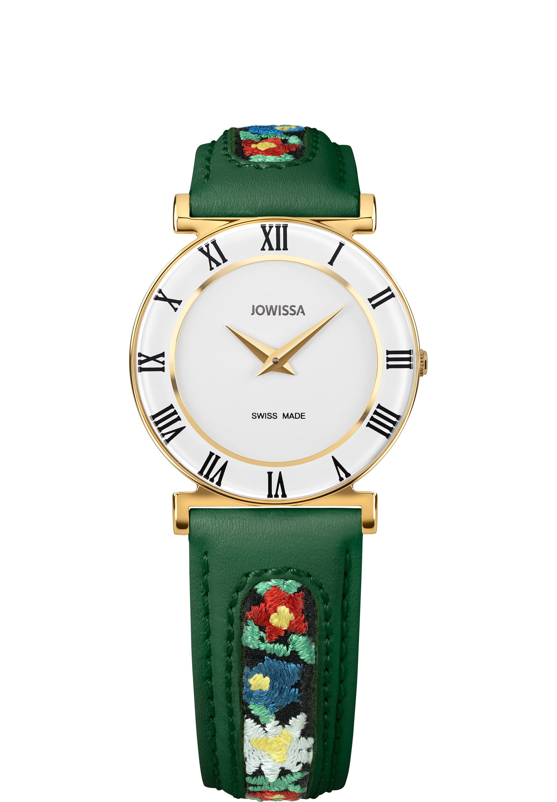 J2.337.M swiss ladies watch with green leather strap and flower details - all swiss made watch for ladies