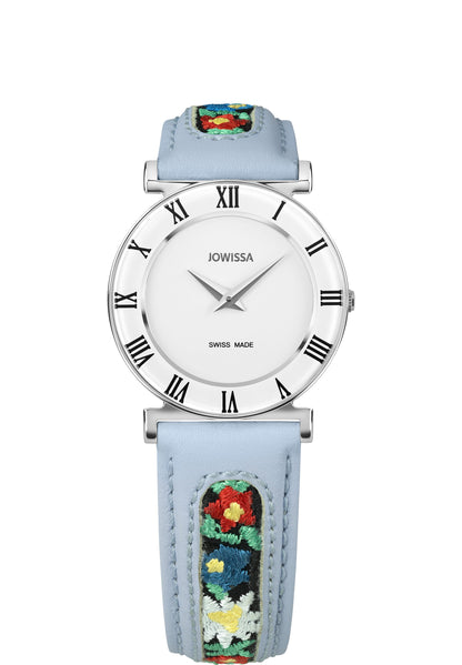 J2.339.M swiss made watch for ladies - with light blue strap and flower details - with white dial