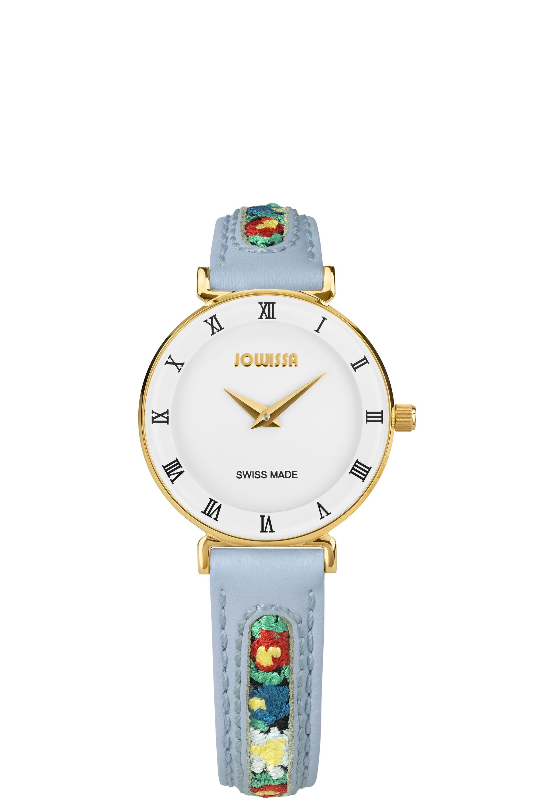 J2.340.S swiss womens watch with light blue strap and flower details and white dial - all swiss made for ladies