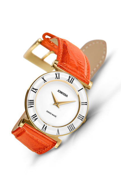 Orange swiss watch for women - with orange leather strap and white dial - has gold details in the front - all swiss made