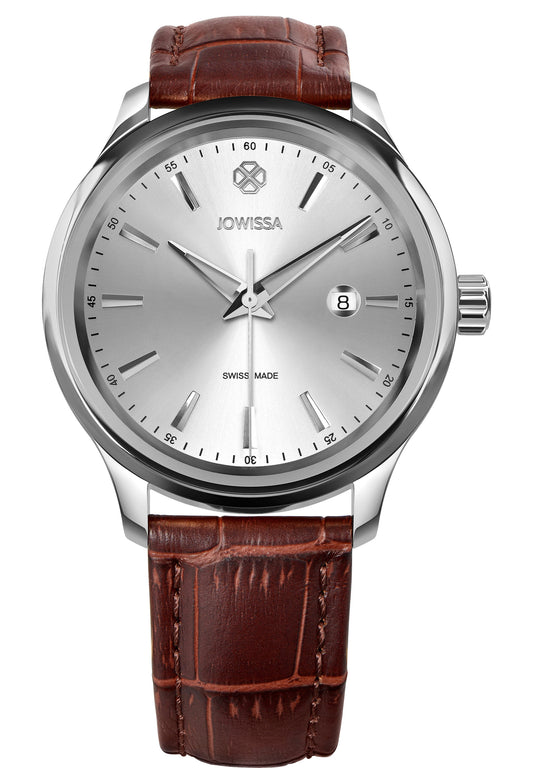 J4.197.L mens watch has a silver sunray dial and a calendar display, housed in a 45mm stainless steel case. Has a classic brown leather strap. All Swiss-made from the Tiro collection.