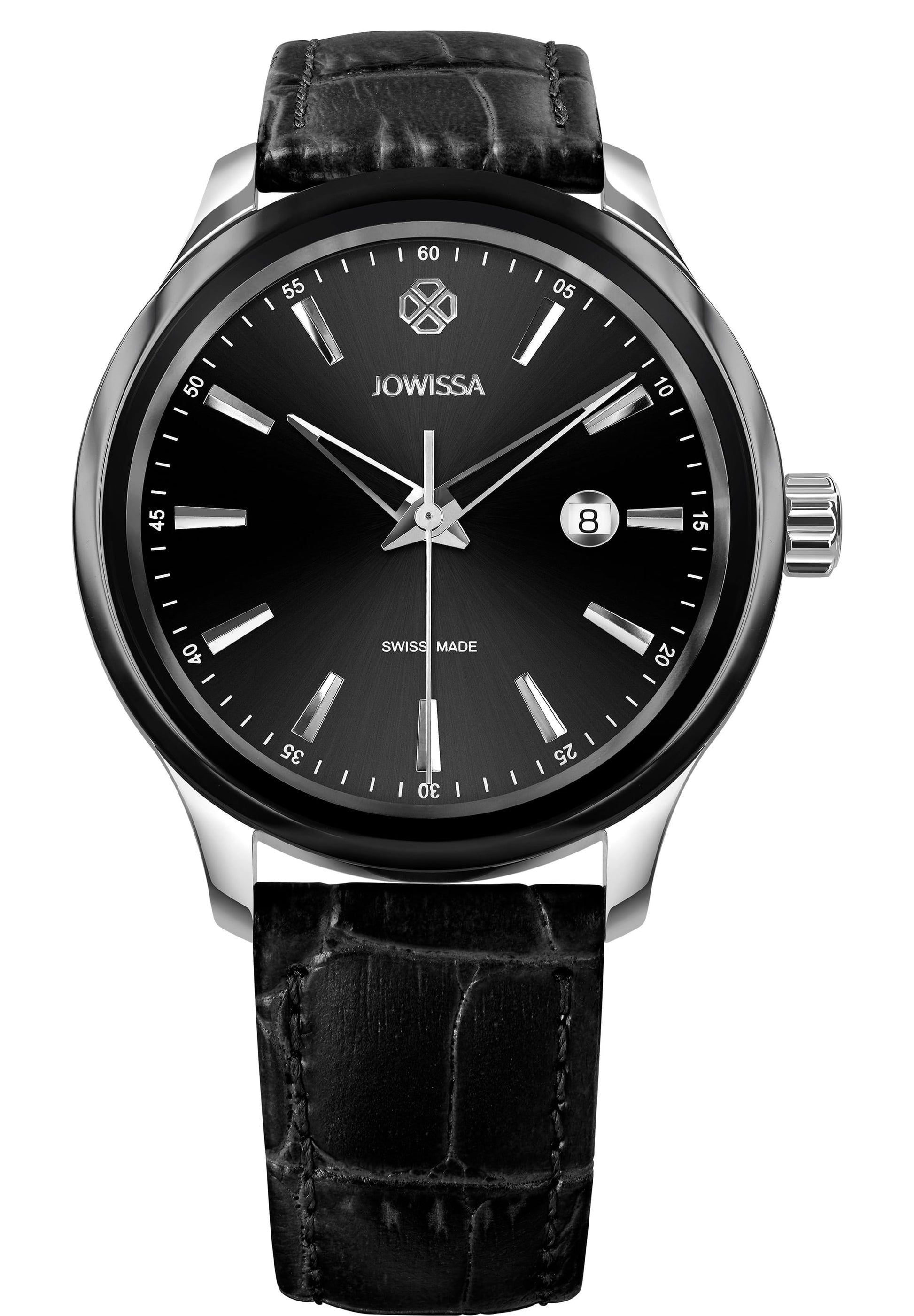 J4.201.L black men's watch features a stainless steel case and a sleek midnight black dial with a calendar detail. It comes with a comfortable black croco leather strap. All Swiss-made from the Tiro collection.