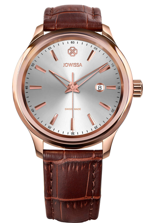 J4.202.L brown men's watch - has a stainless steel case - includes a rectangular calendar window - the watch is paired with a brown genuine leather strap - all Swiss-made from the Tiro collection