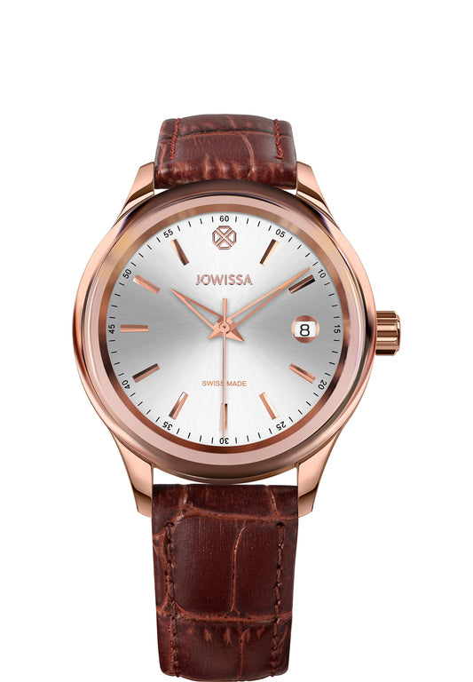 J4.202.M – This 38mm unisex watch has a shiny silver sunray dial with rose-golden hour markers and a calendar window. The stainless steel case is paired with a semi-matt alligator-embossed leather strap, adding sophistication. Powered by a reliable Ronda Swiss quartz movement. Hand-assembled in Switzerland.