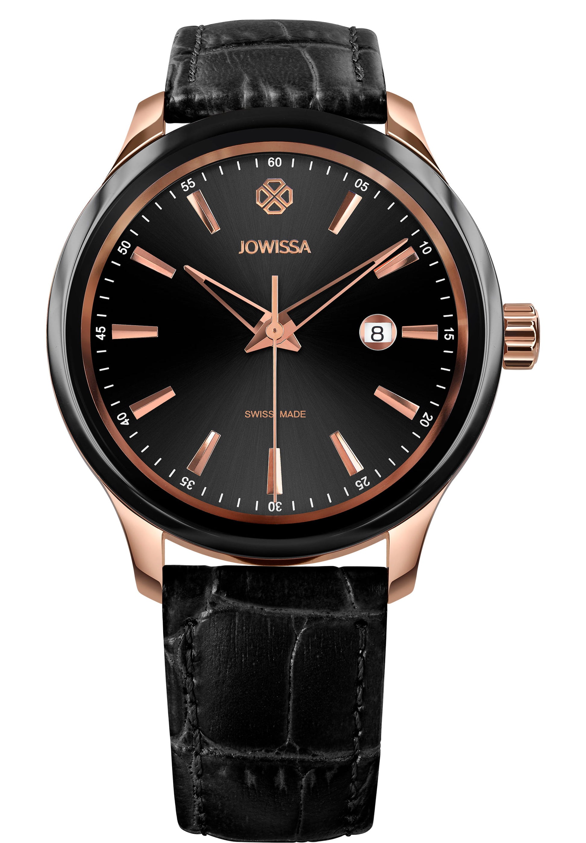 J4.204.L Men's Watch - has a 45mm black case, black dial with rose-gold indices, and an alligator-embossed leather strap - the watch is put on a white background