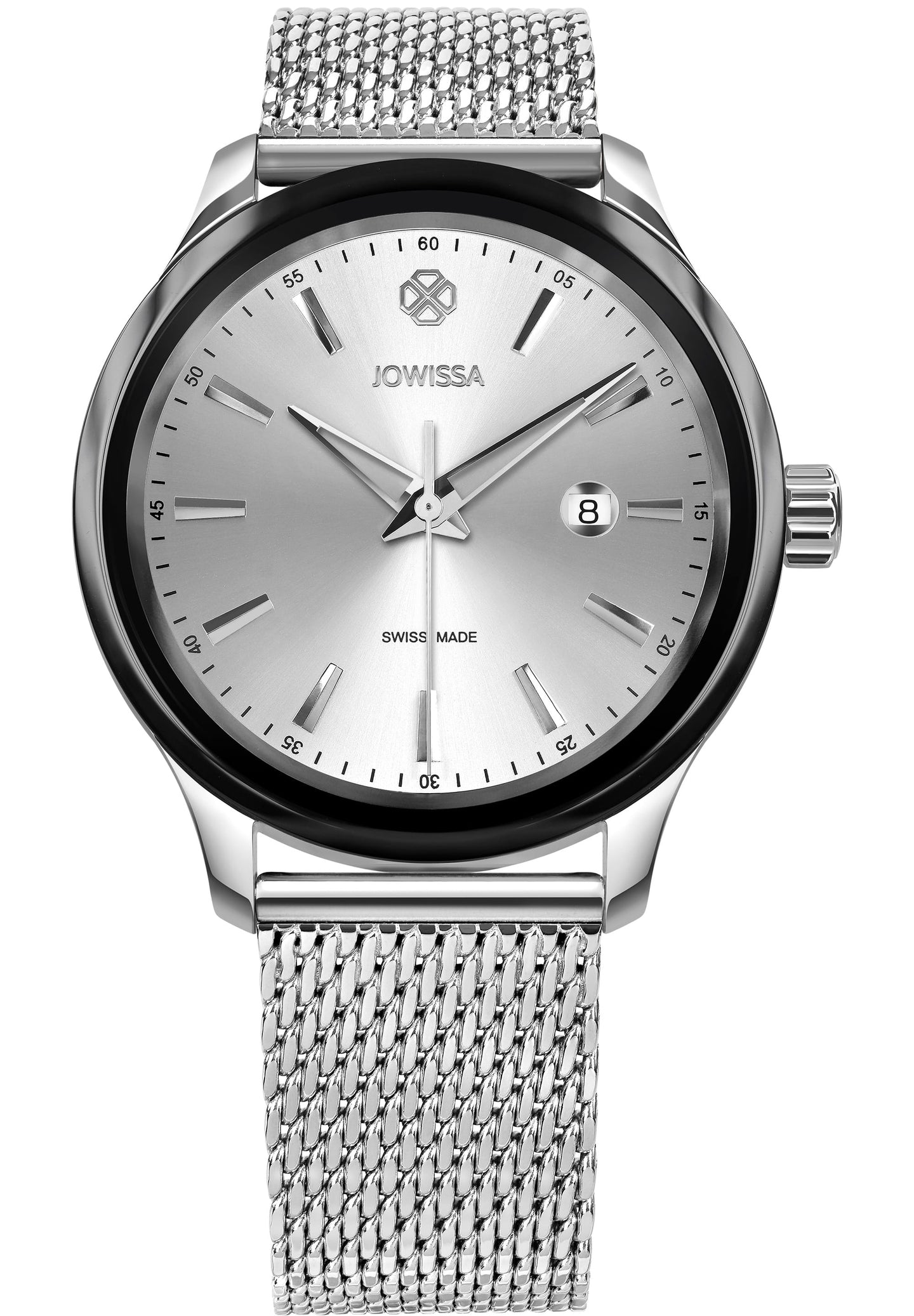 Swiss Mens Watch J4.228.L has a 45mm stainless steel case, polished finish, and durable tempered mineral glass. It offers hours, minutes, seconds, and a date display. The stainless steel mesh bracelet is adjustable for wrist sizes of 180-235 mm. The watch is 5 ATM water-resistant and includes a sleek sunray dial with baton hour markers and Dauphine-style hands. Hand-assembled in Switzerland, this model is available in a stylish steel and black des