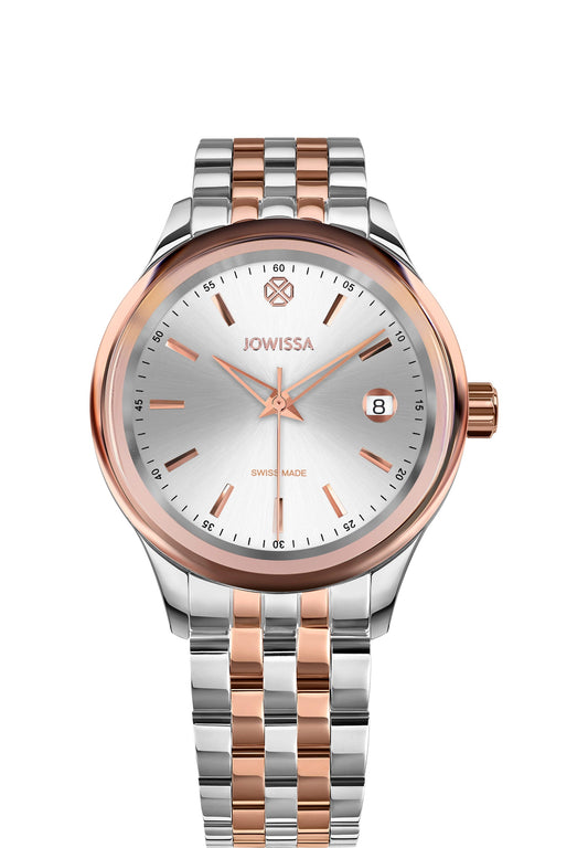 J4.229.M watch unisex – with a stainless steel case, a silver dial with rose-gold markers, and a calendar window. The bi-colour stainless steel bracelet gives it a modern look. Swiss-made for quality and style.