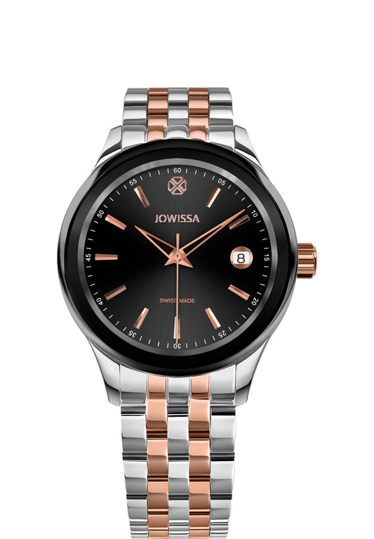 J4.230.M unisex watch – features a  stainless steel case – combines a sleek jet black dial with rose-gold hour markers – includes a calendar window – designed with a stainless steel bracelet that incorporates rose-gold links – a top-tier Swiss watch