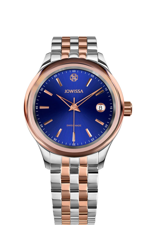 J4.231.M swiss watch made for both women and men – has a stainless steel case – boasts a vibrant blue sunray dial with polished gold-tone markers – includes a calendar display – comes with a  two-tone stainless steel bracelet