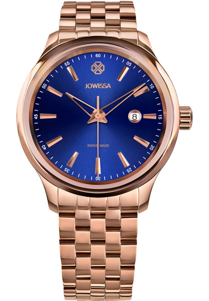 J4.233.L mens watch has a 45mm stainless steel case with a rose-gold bezel and blue sunray dial - includes a date window, and has a stainless steel bracelet. Water-resistant up to 5 ATM with tempered mineral glass, this Swiss-made watch is crafted for durability and style.