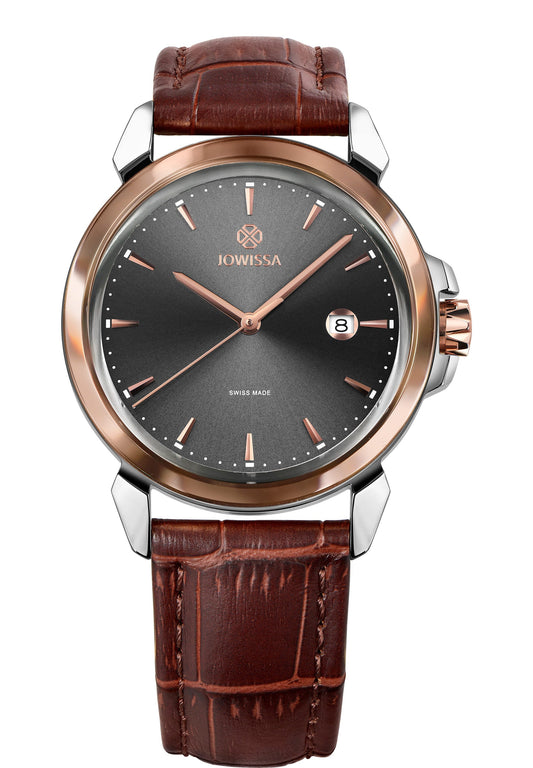 Brown watch for men - with brown leather strap and grey dial with gold and silver details - all swiss made