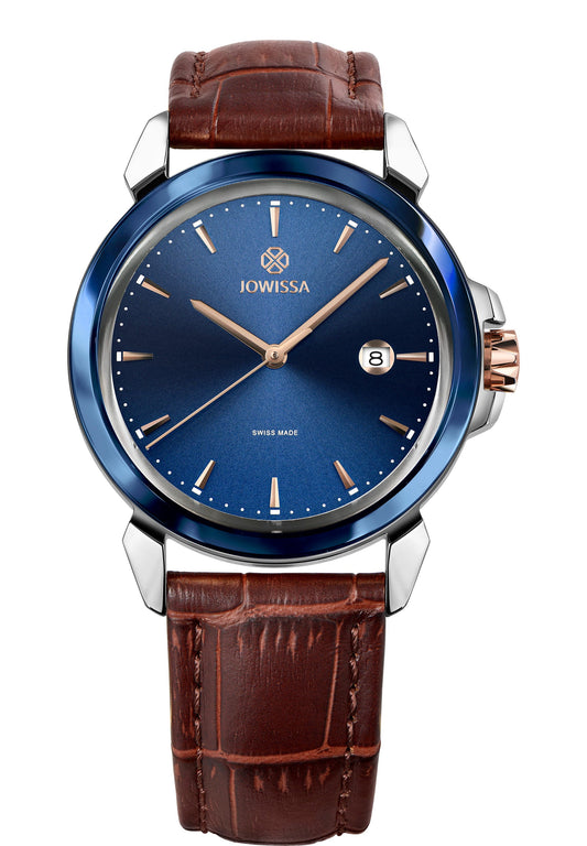 Swiss watch for men with brown leather strap and blue dial - has gold and silver details in the front - all swiss made