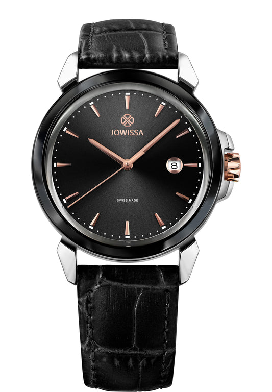 Black swiss watch - with black leather strap and black dial with gold and silver details all swiss made watch