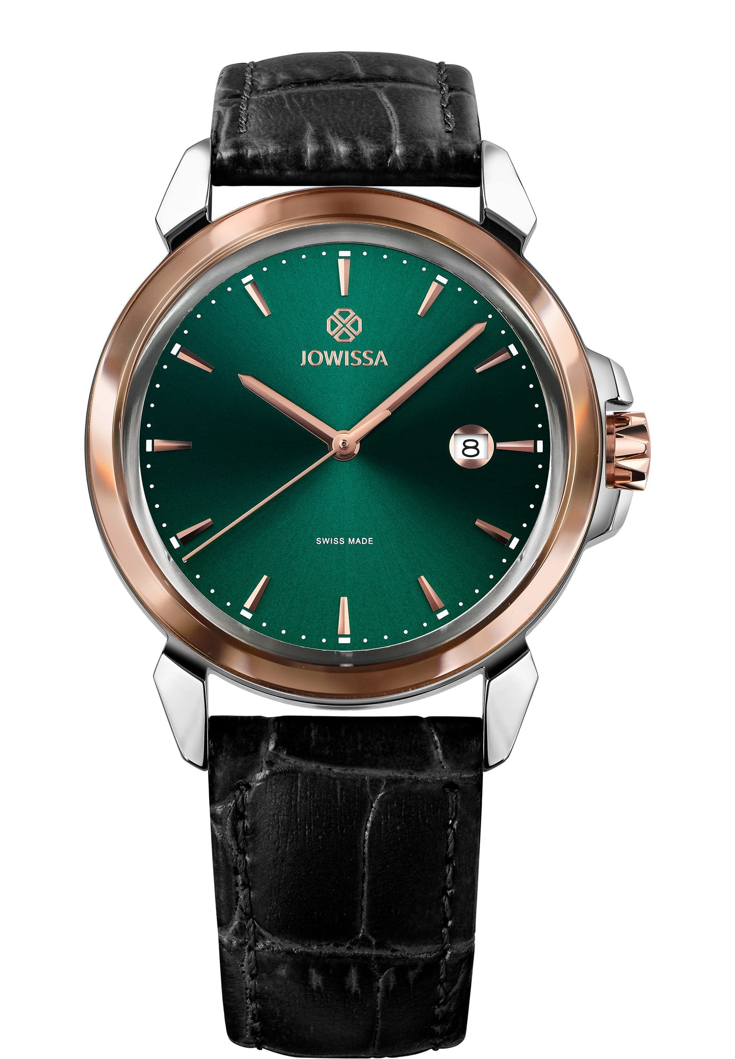 Green watch for men - with black strap made by leather and green dial - all swiss made watch