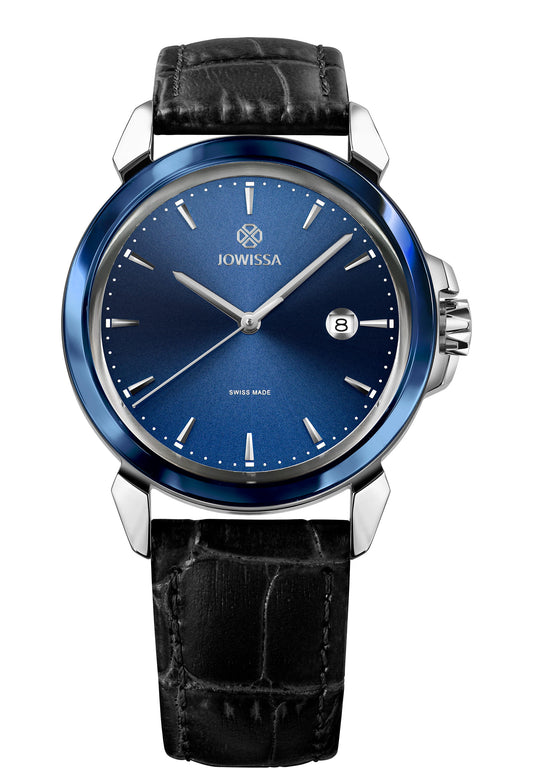 blue watch for men - all swiss made watch with black leather strap and blue dial - has silver details in the front