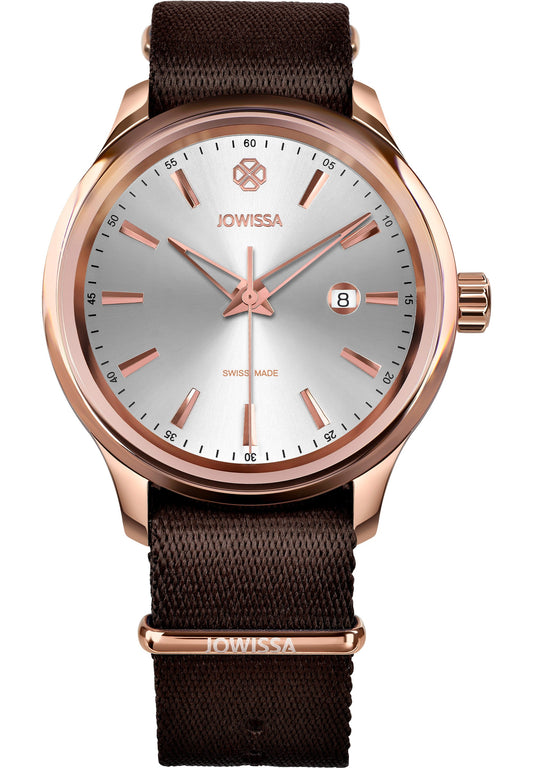 The Tiro Swiss Men's Watch J4.245.L features a 45mm stainless steel case with a rose-gold bezel and a shiny sunray silver dial. It has applied baton hour indices in rose-gold and printed minutes. The watch is powered by a Ronda Swiss quartz movement, displaying hours, minutes, and seconds. A rectangular-shaped calendar window is included on the dial. The watch has a tempered mineral glass with a polished edge, a back case fixed with 4 screws, and water resistance up to 5 ATM.