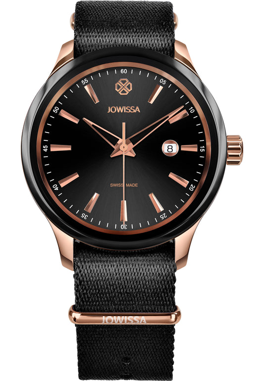 Tiro Swiss Men's Watch J4.246.L - 45mm diameter -cut design over a sleek jet-black sunray dial. The rose-gold hour indices add a touch of elegance - all Swiss made