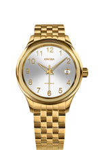 Load image into Gallery viewer, J4.247.M watch made for men - has a stainless steel case - has a shiny silver dial with a gold-plated edge - includes a calendar display - comes with a stainless steel bracelet - designed for both functionality and elegance- it is size medium
