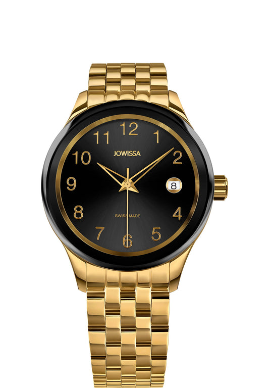 J4.248.M gold mens watch - has a 38mm stainless steel case - includes a shiny black dial with a gold-plated edge - comes with a calendar display - equipped with a stainless steel bracelet - it is medium size