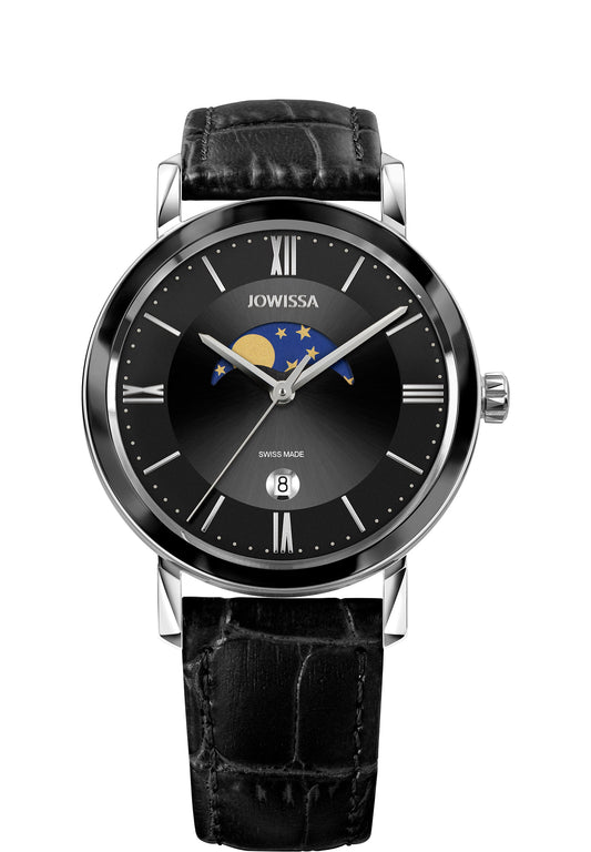 Black swiss watch for men - the watch has a black leather strap and a black dial with the moon and stars on it