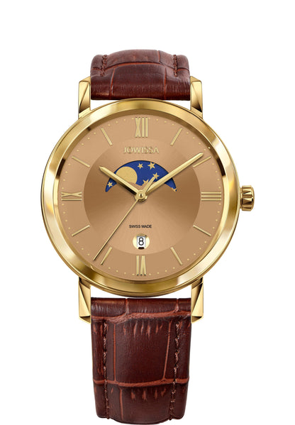 Brown swiss watch for men - the watch has a brown leather strap and a gold dial with the moon and stars on it - has gold details in the front