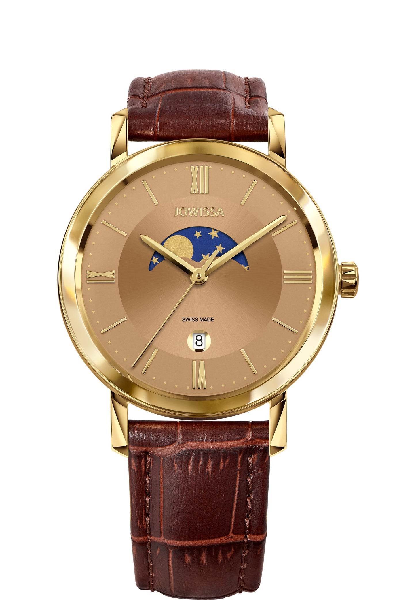 Swiss watch for men with brown leather strap and gold dial - has moon and stars details in the dial