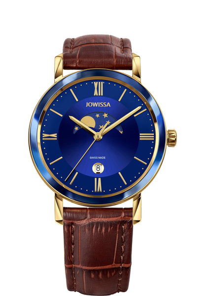 Brown swiss watch for men - the watch has a brown leather strap and a blue dial with the moon and stars on it - has gold details in the front