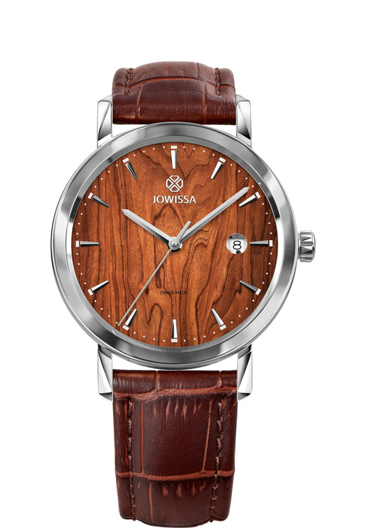 Brown swiss watch with brown leather strap and brown dial - has silver details in the front - all swiss made