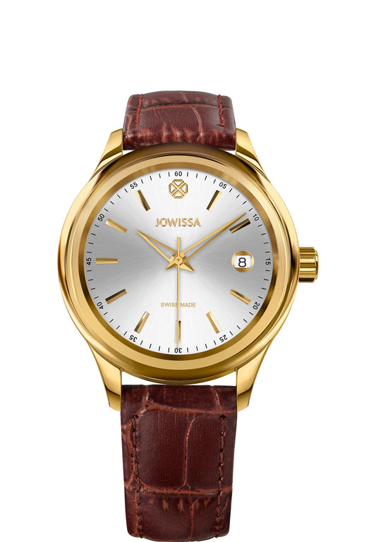 Swiss Men's Watch J4.296.M - has a brown leather strap - includes a calendar display - all swiss made - sleek silver dial with a golden edge