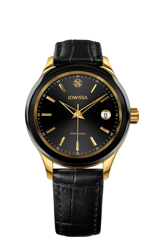 Men's Watch J4.297.L - has a 45mm stainless steel case - features a shiny black dial with golden hour markers and hands - includes a  calendar window - paired with a comfortable black leather strap - made in Switzerland - size medium