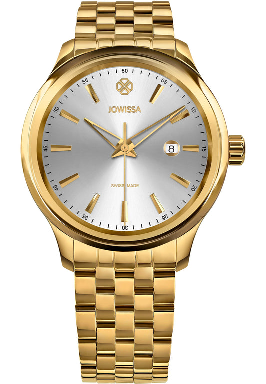 Gold wrist watch for men with a striking silver dial and polished gold bracelet – features a 45mm stainless steel case with a yellow gold bezel – minimalist design with discreet calendar window adds sophistication – powered by Ronda Swiss quartz movement for precise timekeeping – water-resistant up to 5 ATM – crafted with Jowissa's signature style, Swiss Made, J4.298.L Tiro collection.