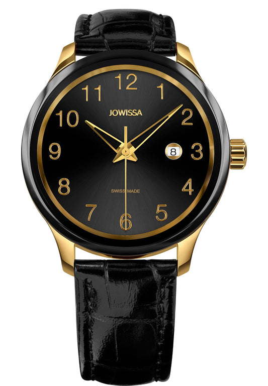 Black watch with gold details made for ladies has a 45mm stainless steel case, durable tempered mineral glass, and a genuine leather strap with alligator-style detailing. Powered by the reliable Ronda 515 Swiss quartz movement, it features a calendar display and is water-resistant up to 5 ATM. The 22mm strap in gold and black makes this watch a stylish and functional choice for any occasion. all swiss made