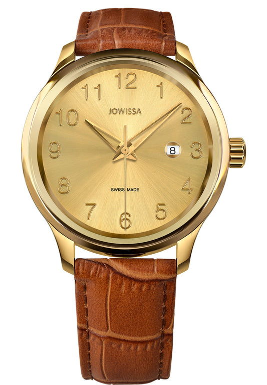 Swiss Ladies Watch has a 5mm stainless steel case, tempered mineral glass, and a genuine leather strap with an alligator-style top. Powered by the Ronda 515 Swiss quartz movement, it includes a calendar function and is water-resistant up to 5 ATM. The 22mm wide band comes in a gold and brown color scheme, adding a luxurious touch. This watch combines classic elegance with Swiss craftsmanship for a timeless accessory.