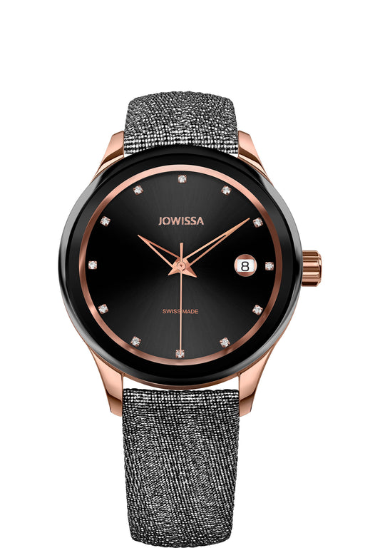 This watch has a sleek design with a black sunray dial and rose-gold accents. The dial includes crystal hour markers - watch made for ladies






