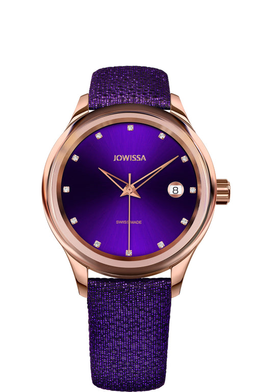 J4.362.M  womens watch features a  stainless steel case, a dial with 12 rhinestone markers, and Dauphine-style hands. The watch has a durable tempered mineral glass with an integrated beze. Water-resistant up to 5 ATM, this Swiss-made timepiece is available in a rose and purple color combination, offering both style and reliability.