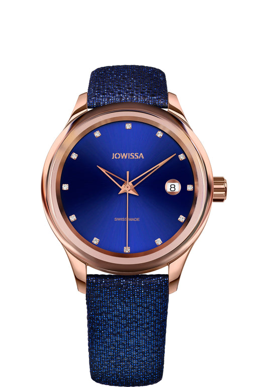 J4.364.M swiss watch has a polished tempered mineral glass and a rose sunray dial with rhinestone hour markers. it includes a practical date window and is water-resistant up to 5 ATM. All swiss made - blue watch with gold details for women