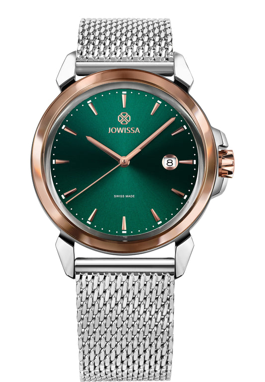 J4.467.L Lewy 3 silver watch for men - has silver strap and green dial with gold details in the front - all swiss made watch