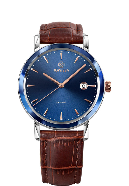 Brown swiss watch for men - watch with brown leather strap blue dial - all swiss made