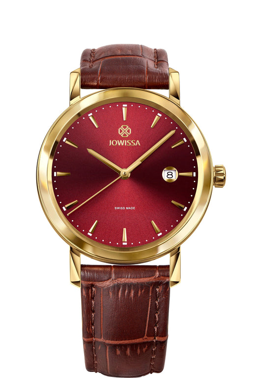 Red swiss watch for men - with red leather strap and red dial with gold details in the front - all swiss made