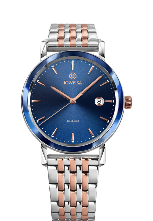 Silver magno watch for men - all swiss made - with blue dial and gold details